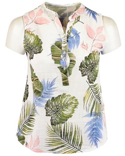 Levél mintás, ujjatlan, nyitott nyakú, félig gombos, rövidebb egyenes fazonú, fiatalos olasz géz ingblúz kis zsebbel- fehér, zöld