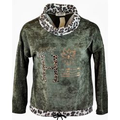   Vastag bordás anyagú, feliratos elejű, hosszú ujjú, garbó nyakú, fiatalos olasz felső, ocelot állatminta díszítéssel- keki zöld