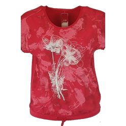   Batikolt elejű, hátul sima egyszínű pamut, rövid ujjú, környakú, fiatalos olasz felsőrész, fehér virágokkal- korall szín, fehér