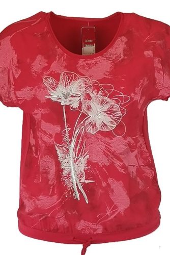 Batikolt elejű, hátul sima egyszínű pamut, rövid ujjú, környakú, fiatalos olasz felsőrész, fehér virágokkal- korall szín, fehér