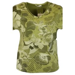   Tele mintás, V-nyakú, rövid ujjú, pamut anyagból készült fiatalos olasz felsőrész, kis gyöngyös szív díszítéssel- sárgás zöld