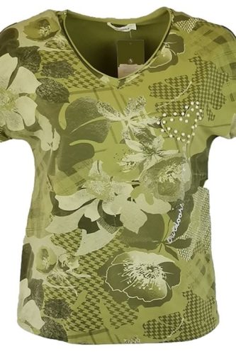 Tele mintás, V-nyakú, rövid ujjú, pamut anyagból készült fiatalos olasz felsőrész, kis gyöngyös szív díszítéssel- sárgás zöld