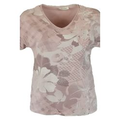   Tele mintás, V-nyakú, rövid ujjú, pamut anyagból készült fiatalos olasz felsőrész, kis gyöngyös szív díszítéssel- púder 