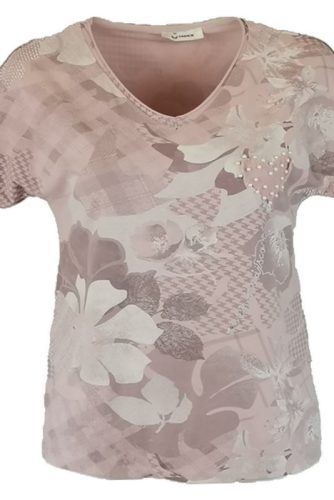 Tele mintás, V-nyakú, rövid ujjú, pamut anyagból készült fiatalos olasz felsőrész, kis gyöngyös szív díszítéssel- púder 